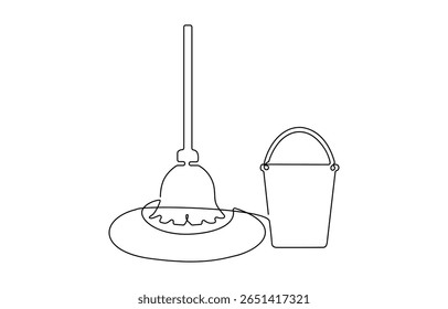 Continuous one line drawing of mop and bucket. Cleaning concept, Single line draw design vector graphic illustration, Mop and bucket continuous line art drawing. Cleaning service concept, Cleaning to.