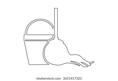 Continuous one line drawing of mop and bucket. Cleaning concept, Single line draw design vector graphic illustration, Mop and bucket continuous line art drawing. Cleaning service concept, Cleaning to.