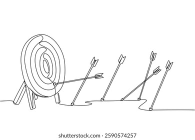 Continuous one line drawing more arrows stuck in the ground than the target pad. Lots of practice to perfect. Lack of accuracy. Not on target. Archery Day. Single line draw design vector illustration