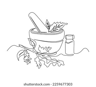 Continuous one line drawing of mortar with herbs . Simple illustration of traditional mortar line art vector illustration.