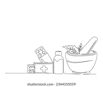 Continuous one line drawing of mortar, medical drugs pharmacy care, tablet, capsule, pills. Herbal medicine concept drawing outline.