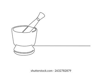 Continuous one line drawing of Mortar and pestle. Single line drawing illustration of Retro Mortar and Pestle. Bowl leaves therapy drug eco concept vector art. Doodle line illustration.
