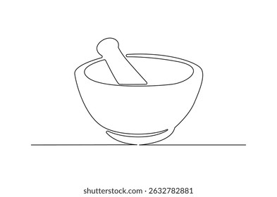 Dibujo continuo de una línea de mortero y mortero. Ilustración de dibujo de una sola línea de mortero retro y pedestal. Arte vectorial de concepto eco de fármaco de terapia de hojas de tazón. Ilustración de línea de Doodle.