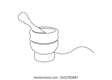Continuous one line drawing of Mortar and pestle. Single line drawing illustration of Retro Mortar and Pestle. Bowl leaves therapy drug eco concept vector art. Doodle line illustration.