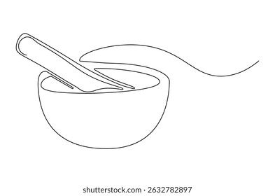 Continuous one line drawing of Mortar and pestle. Single line drawing illustration of Retro Mortar and Pestle. Bowl leaves therapy drug eco concept vector art. Doodle line illustration.