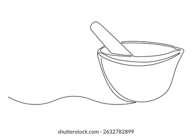 Continuous one line drawing of Mortar and pestle. Single line drawing illustration of Retro Mortar and Pestle. Bowl leaves therapy drug eco concept vector art. Doodle line illustration.