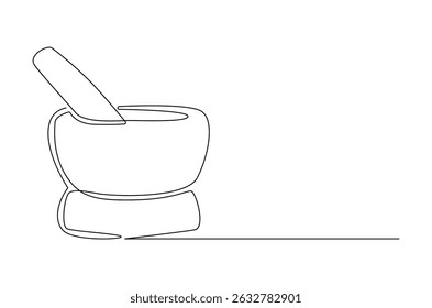 Desenho contínuo de uma linha de Argamassa e pilão. Ilustração de desenho de linha única de Argamassa Retro e Pestle. Tigela deixa terapia droga conceito eco vetor arte. ilustração linha Doodle.
