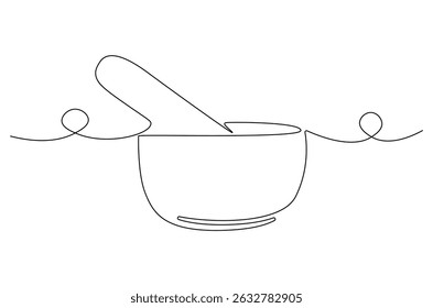 Desenho contínuo de uma linha de Argamassa e pilão. Ilustração de desenho de linha única de Argamassa Retro e Pestle. Tigela deixa terapia droga conceito eco vetor arte. ilustração linha Doodle.