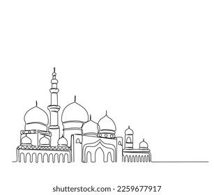 Continuous one line drawing of Mosque. Simple illustration of islamic ornament line art vector illustration.