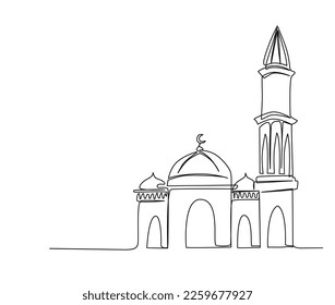 Continuous one line drawing of Mosque. Simple illustration of islamic ornament line art vector illustration.