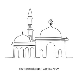 Continuous one line drawing of Mosque. Simple illustration of islamic ornament line art vector illustration.