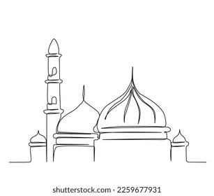 Continuous one line drawing of Mosque. Simple illustration of islamic ornament line art vector illustration.