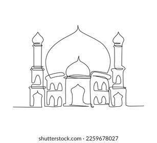 Continuous one line drawing of Mosque. Simple illustration of islamic mosque building line art vector illustration.