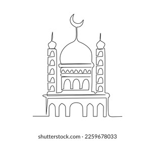 Continuous one line drawing of Mosque. Simple illustration of islamic mosque building line art vector illustration.