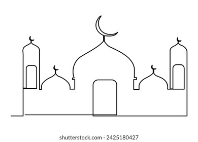 Continuous one line drawing mosque line concept. Eid Mubarak, Eid Fitr, Ramadan Kareem. vector minimalist design islamic mosque outline ornament background. 
