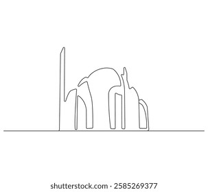 Continuous one line drawing of mosque. Single line drawing illustration of Islamic worship place. Ramadan kareem concept vector art. Doodle line illustration.

