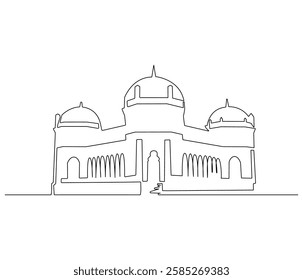 Continuous one line drawing of mosque. Single line drawing illustration of Islamic worship place. Ramadan kareem concept vector art. Doodle line illustration.

