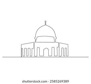 Continuous one line drawing of mosque. Single line drawing illustration of Islamic worship place. Ramadan kareem concept vector art. Doodle line illustration.

