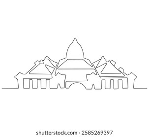 Continuous one line drawing of mosque. Single line drawing illustration of Islamic worship place. Ramadan kareem concept vector art. Doodle line illustration.

