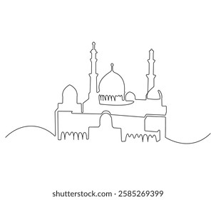 Continuous one line drawing of mosque. Single line drawing illustration of Islamic worship place. Ramadan kareem concept vector art. Doodle line illustration.

