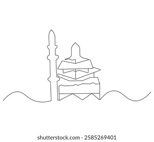 Continuous one line drawing of mosque. Single line drawing illustration of Islamic worship place. Ramadan kareem concept vector art. Doodle line illustration.

