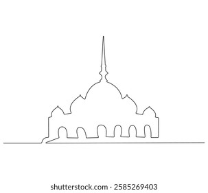 Continuous one line drawing of mosque. Single line drawing illustration of Islamic worship place. Ramadan kareem concept vector art. Doodle line illustration.

