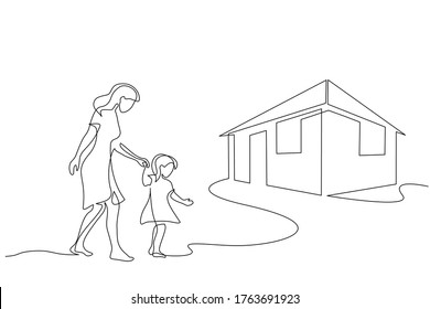 Continuous one line drawing. Mother and daughter walking together to their house. Vector illustration