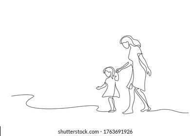 Continuous one line drawing. Mother and daughter walking together. Vector illustration