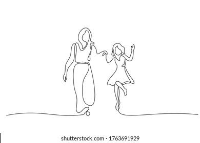 Continuous one line drawing. Mother and daughter walking together. Vector illustration