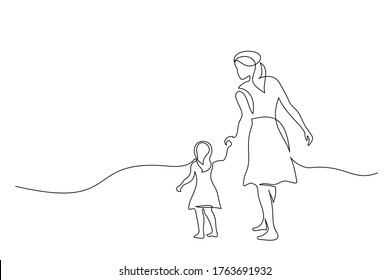 Continuous one line drawing. Mother and daughter walking together. Vector illustration