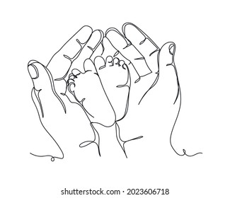 Continuous one line drawing of mother hands holding legs of a newborn in silhouette on a white background. Linear stylized.Minimalist.