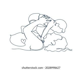 Kontinuierliche Zeichnung einer Linie von Mutter und Baby Symbol in Silhouette auf weißem Hintergrund. Linear stilisiert.