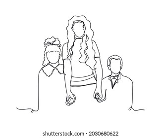 Kontinuierliche Zeichnung einer Linie von Mutter mit Kindern glückliche Mütter Tag Symbol in Silhouette auf weißem Hintergrund. Linear stilisiert.