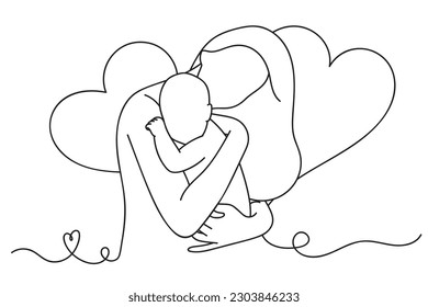 Continuous one line drawing of mother holding her baby in her arms. Mothers and baby line art style of vector illustration, Mother's Day Celebration.