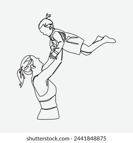 Continuous one line drawing of mother lifting up her little daughter. Editable stroke. Vector illustration.