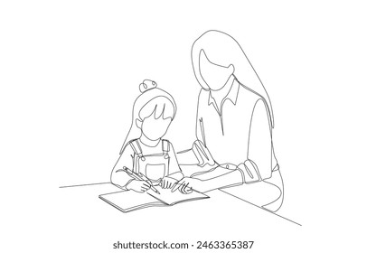 Continuous one line drawing of mother help her daughter learn, parenting concept, single line art.