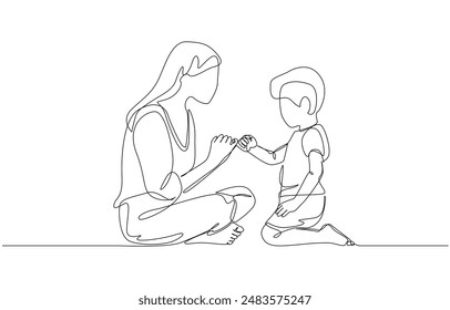 Continuous one line drawing of mother and son hook each other's little fingers, training and teaching children from parents concept, single line art.