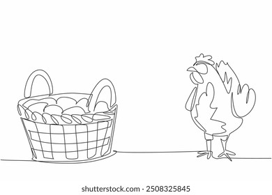 Continuous one line drawing mother hen standing side by side with basket filled with chicken eggs. Harvest. Best quality laying hens. National Poultry Day. Single line draw design vector illustration