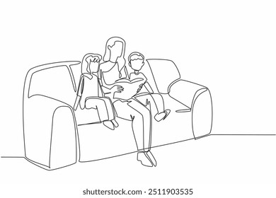 Continuous one line drawing mother reading a book on the sofa while hugging her daughter and son. Reading inspirational stories. National Single Parent Day. Single line draw design vector illustration