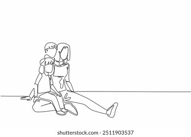 Continuous one line drawing mother sits on the floor holding her daughter. Her son hugs from behind. Try to be fair. Loving. National Single Parent Day. Single line draw design vector illustration