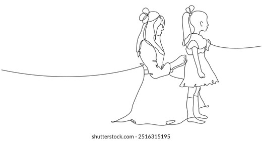 Dibujo continuo de una línea de madre e hija vestido para las vacaciones. Mamá e hija en un estilo de línea