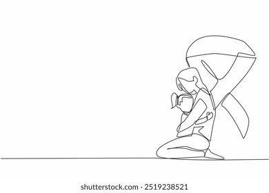 Continuous one line drawing a mother kneels embracing her child. Sense of strength, resilience, and unwavering love. International Childhood Cancer Day. Single line draw design vector illustration