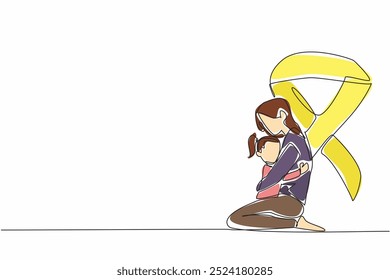 Continuous one line drawing a mother kneels embracing her child. Sense of strength, resilience, and unwavering love. International Childhood Cancer Day. Single line draw design vector illustration