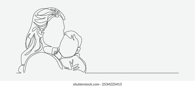 Dibujo continuo de una línea de la madre abrazando al bebé recién nacido. Ilustración vectorial de línea editable.