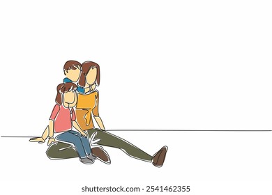 Continuous one line drawing mother sits on the floor holding her daughter. Her son hugs from behind. Try to be fair. Loving. National Single Parent Day. Single line draw design vector illustration