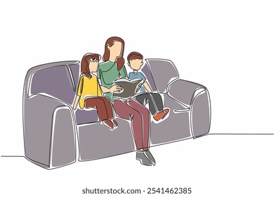 Continuous one line drawing mother reading a book on the sofa while hugging her daughter and son. Reading inspirational stories. National Single Parent Day. Single line draw design vector illustration