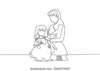 Continuous one line drawing mother holding her daughter who is putting coins into a piggy bank. Agree in body language. National Teach Children to Save Day. Single line draw design vector illustration