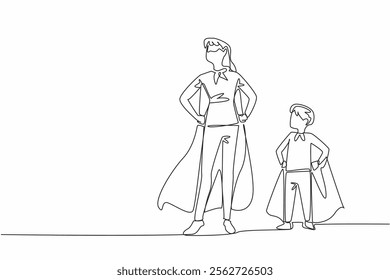 Continuous one line drawing mother and son stood and both hands held their waists. Two superheroes in a compact pose. Super family. Autism Super Mom Day. Single line draw design vector illustration