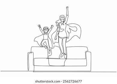 Continuous one line drawing mother and a boy jump from the sofa. Superhero family. Eliminate germs and bacteria at home. Metaphor. Autism Super Mom Day. Single line draw design vector illustration