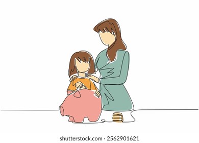 Continuous one line drawing mother holding her daughter who is putting coins into a piggy bank. Agree in body language. National Teach Children to Save Day. Single line draw design vector illustration